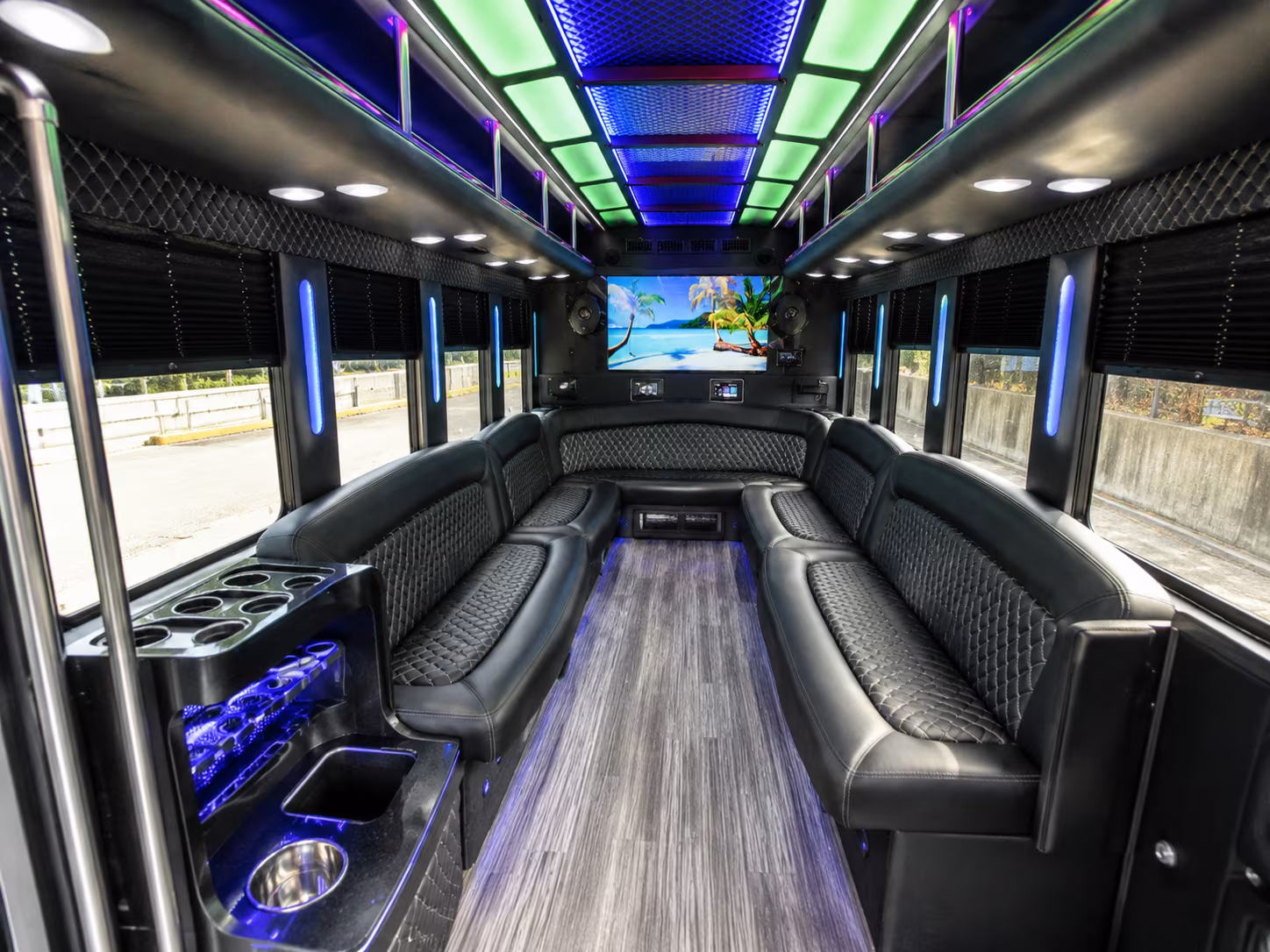 newport beach 18 passenger party bus inside